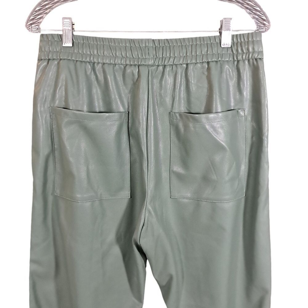 Zara Pants Women Medium Green Wide Leg Faux Leather Raw Hem Elastic Waist Office - Picture 5 of 12